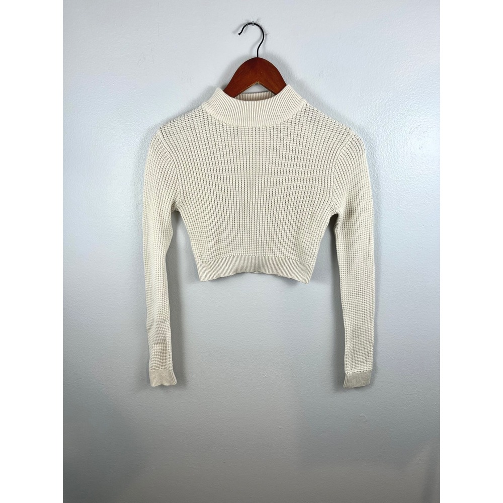 Garage Womens Cropped Mock Neck Waffle Knit Sweater‎ Cream Off White XS